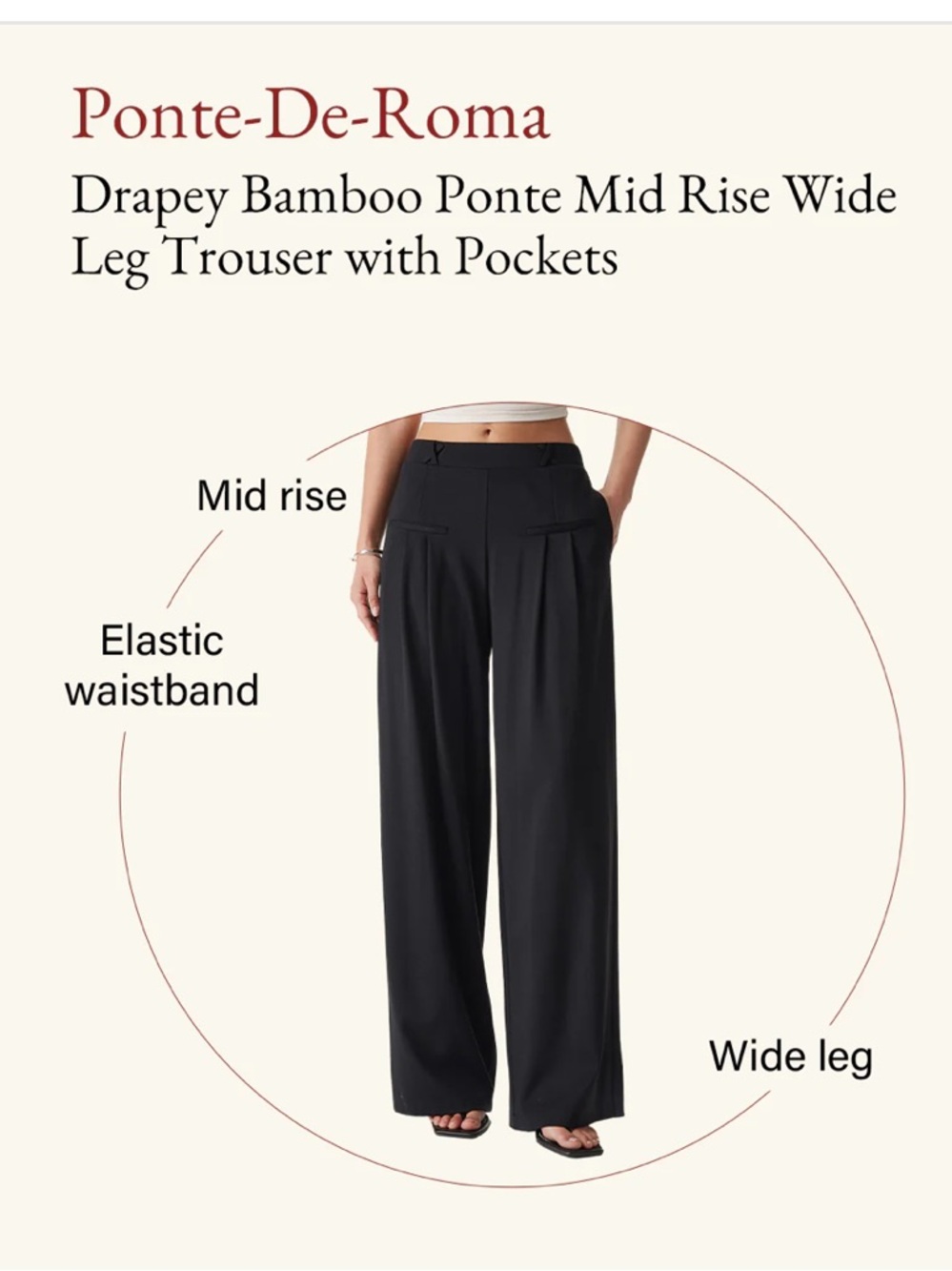 OGL Ponte-De-Roma Drapey Bamboo Ponte Mid Rise Wide Leg Trouser with Pockets XS - Picture 6 of 16